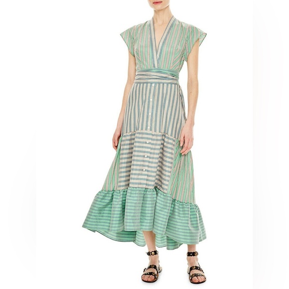 Sandro Green Mid-length Striped Dress - Size 38 - Picture 1 of 10